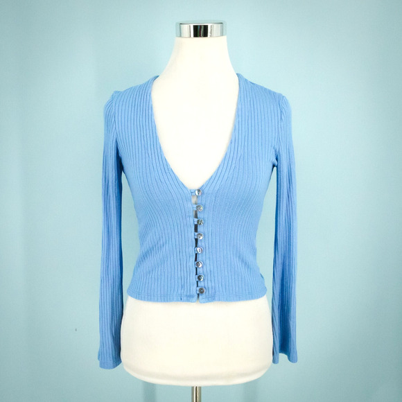 Reformation Size Small S Geller Blue Deep V Neck Button Long Sleeve Knit Top - Picture 1 of 7